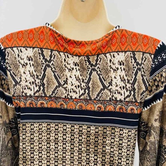 Boston Proper Blouse Womens Small Tan Black Orange Beaded Collar Animal Print - Picture 5 of 7